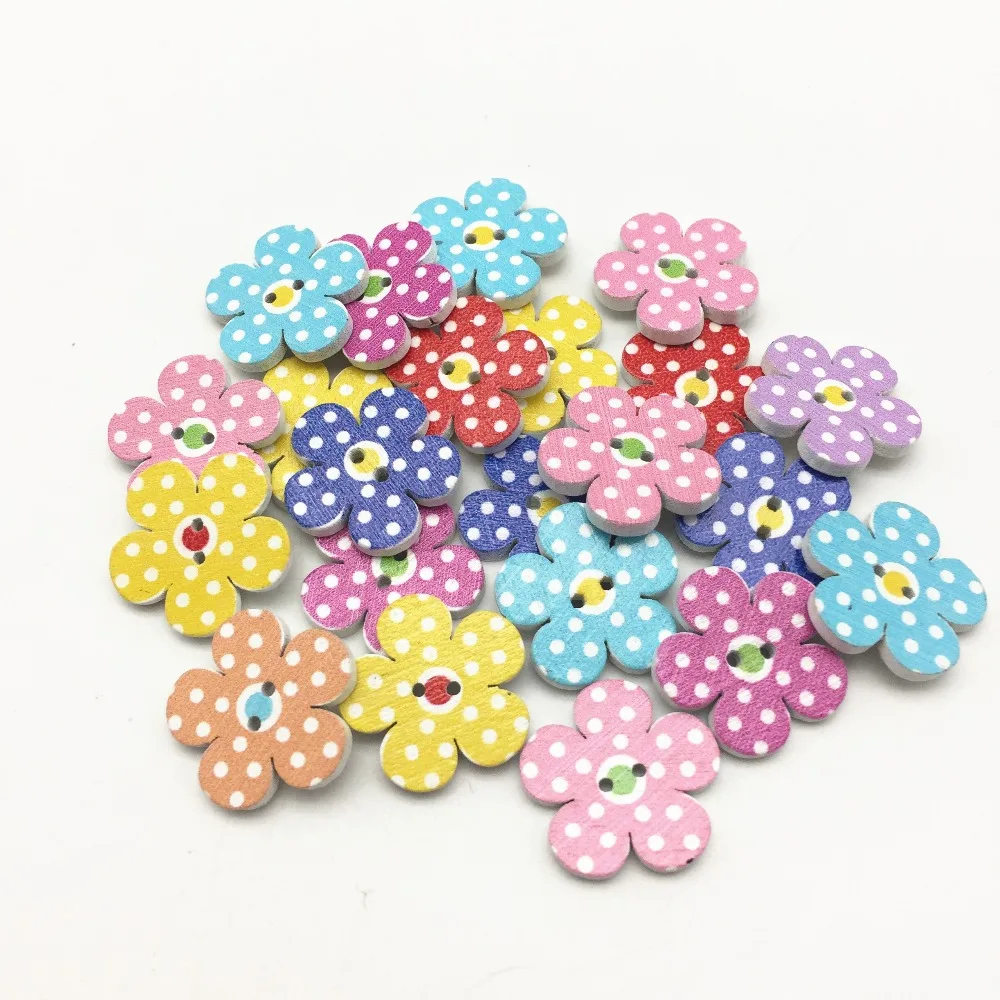 200pcs 20mm Mixed Dots Spotted Wooden Flower Buttons Sewing