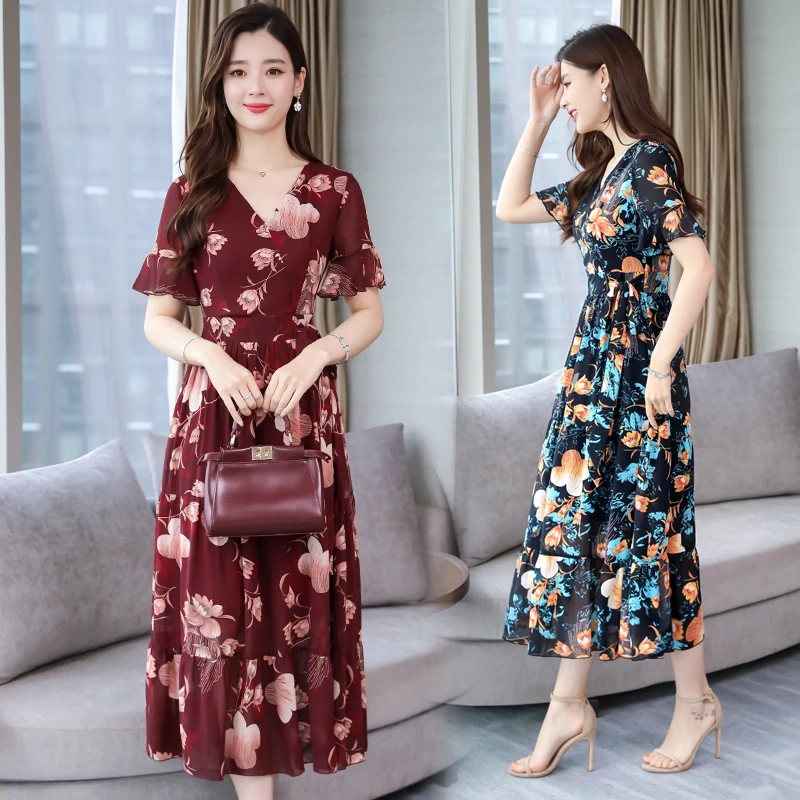 

2251#2019 Summer New Women Fashion Elegant Short Sleeve V-neck Chiffon Printed Maxi Dress Casual Dress Female Vestidos with Belt