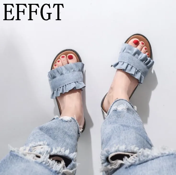 

EFFGT 2018 new Summer Women's Slippers Korean Style Wooden Ear Lace Flats Flip Flops Sweet Ruffles Beach Shoes Woman Slides