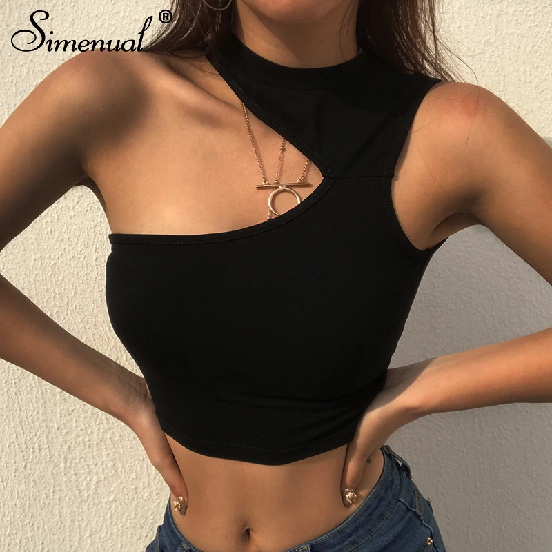 Simenual One Shoulder Sexy Tank Tops Summer Sleeveless Cropped Top Choker Casual Solid Basic