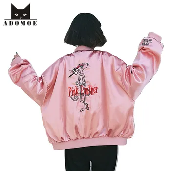 

Spring New Korean Fashion Women Street Jackets Female Autumn Harajuku Girl Pink Panther Cartoon Embroidery Satin Baseball Jacket