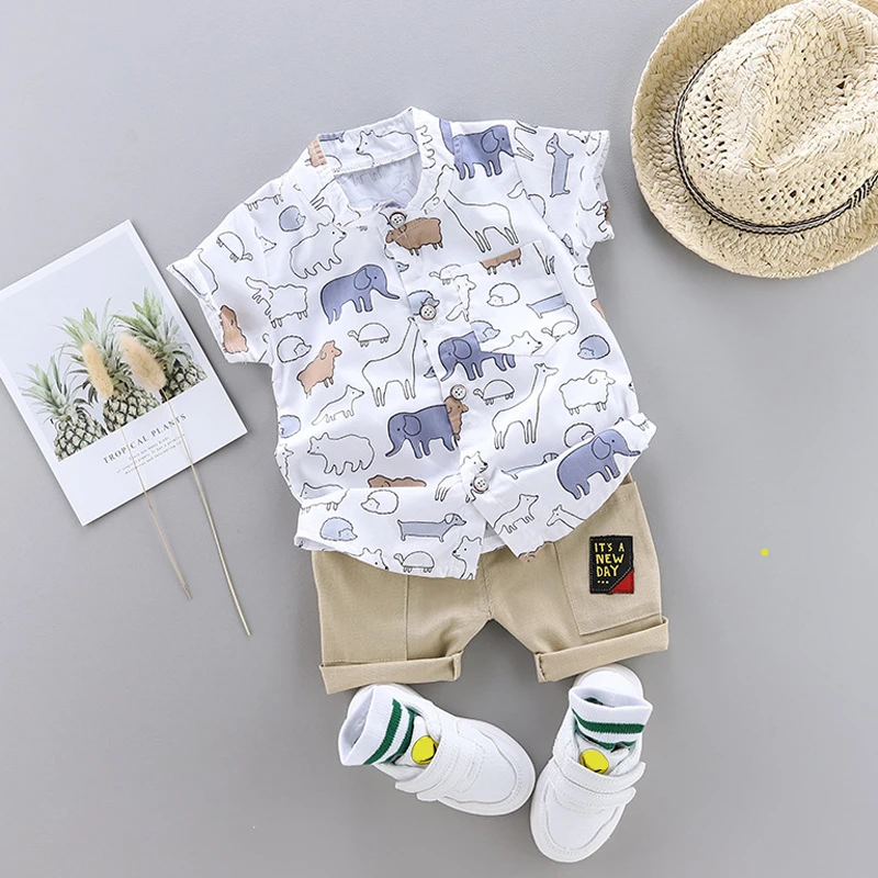 Baratos Ropa con estampado de animales para niños pequeños traje de camisa de verano caliente nuevo conjunto de ropa para niños para ropa infantil para niños