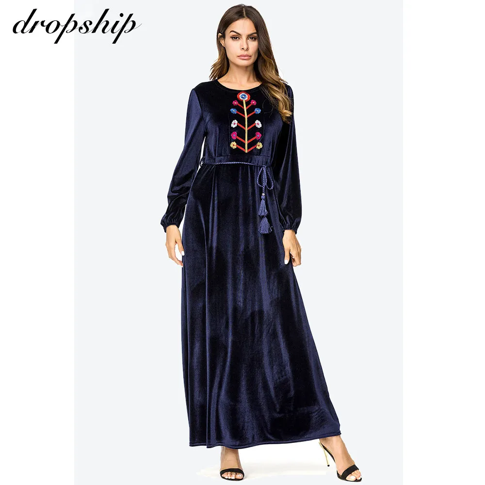 

Dropship Velvet Chic Floral Embroidery Women Dress Autumn Fall 2018 Maxi Long Dresses High Waist Swing Tassel Drawstring Dress