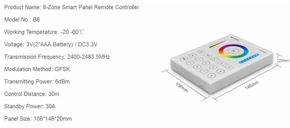 Ми свет B8 8 зон RF2.4G контроллер светодио дный Smart Touch Панель пульт дистанционного управления настенный Беспроводной RGB + CCT регулируемый Цвет