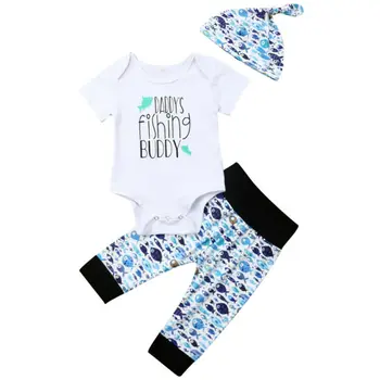 

3PCS Newborn Baby Girls Boy Tops Bodysuit Fish Long Pants Hat Infant Sunsuit Outfits Clothes 0-18M Playsuit