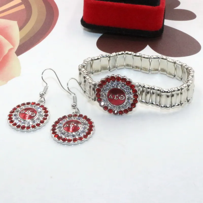

Free Shipping DST Delta Sigma Theta Greek Sorority Symbol Shiny Red White Crystal Party Dangle Drop Earring Bracelet Jewelry Set