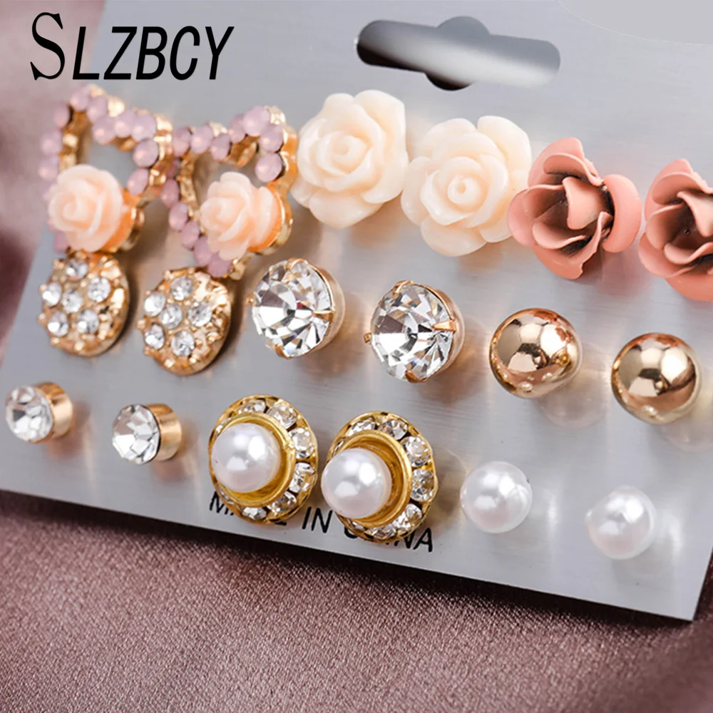 

SLZBCY 9Pairs Crystal Round Pearl Flower Stud Earrings Sets Woman Girl Fashion Heart Small Earring Bridal Jewelry Gift Oorbellen