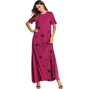 

Women Summer Dress O Neck Short Sleeve Appliques Flower Plus Size 3XL Islamic Dress Arab Womens Clothing Ropa musulmana mujer