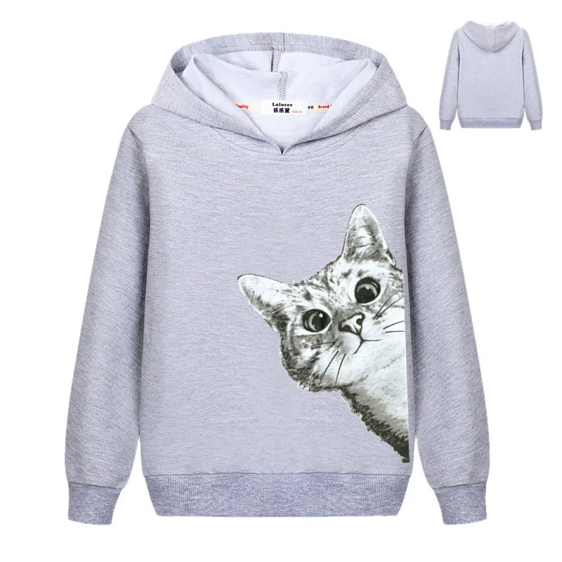 Kawaii/толстовки с капюшоном и рисунком кота для девочек; милый свитер с капюшоном и принтом кота; Свободный пуловер; Спортивный костюм для мальчиков - Цвет: gray