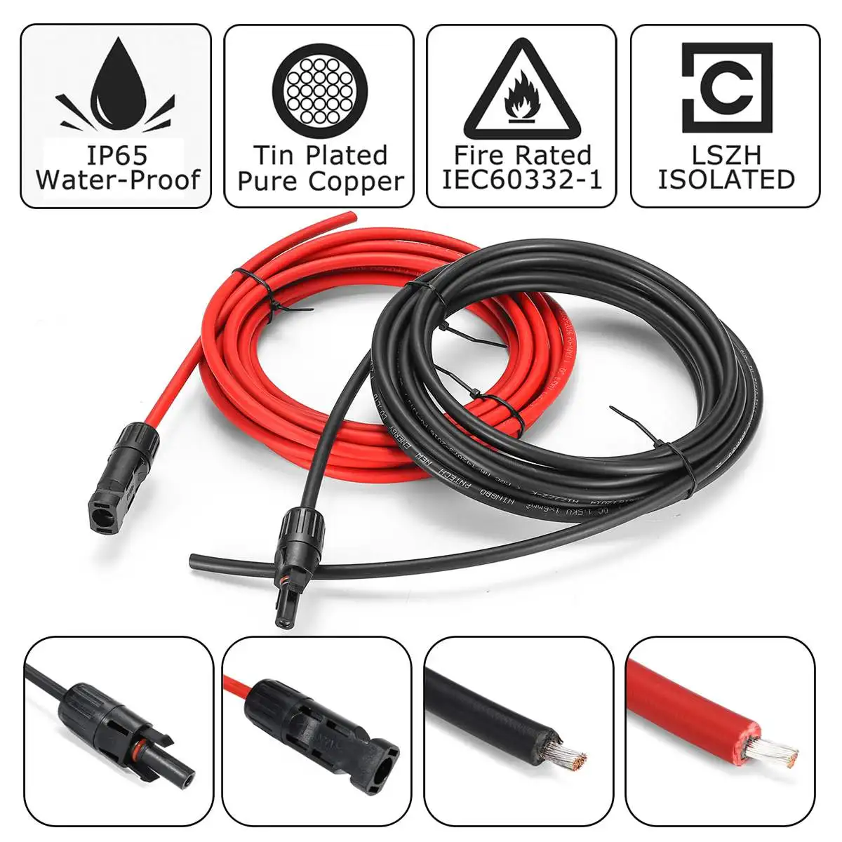 

SWILET 1 Pair Solar Panel Extension Cable Copper Wire Black and Red with MC4 Connector Solar PV Cable 6mm 10AWG