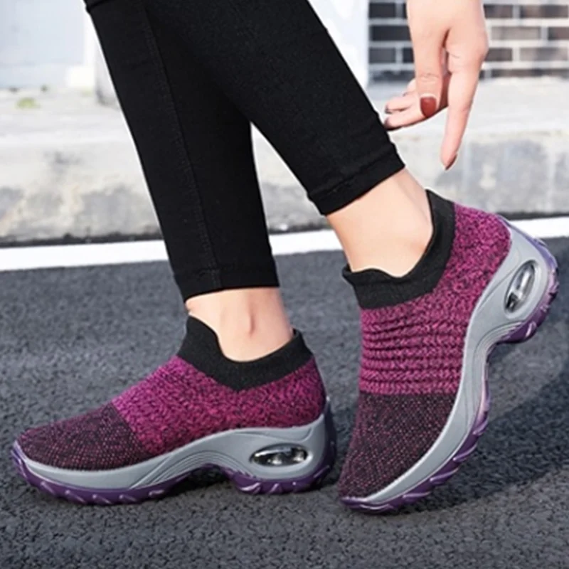 

Women Sneakers Flat Heel Slip on Platform Rubber Black Breathable Sock Vulcanized Casual outside Ladies Shoe zapato mujer 1839W
