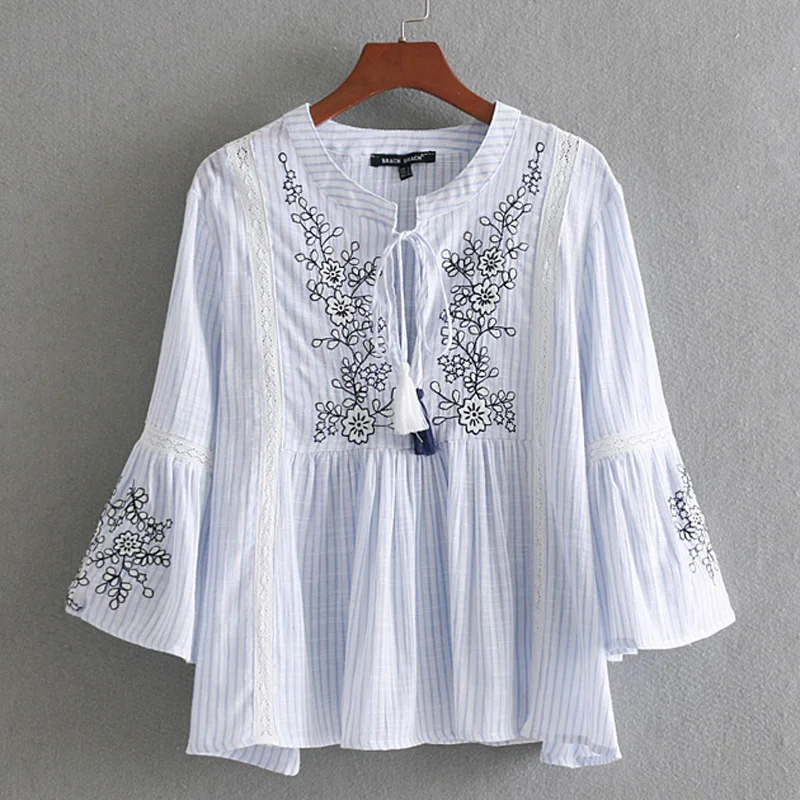 

Fandy Lokar Embroidery Blouses Women Fashion Striped Shirts Women Elegant Three Quarter Sleeve Tops Female Ladies GS