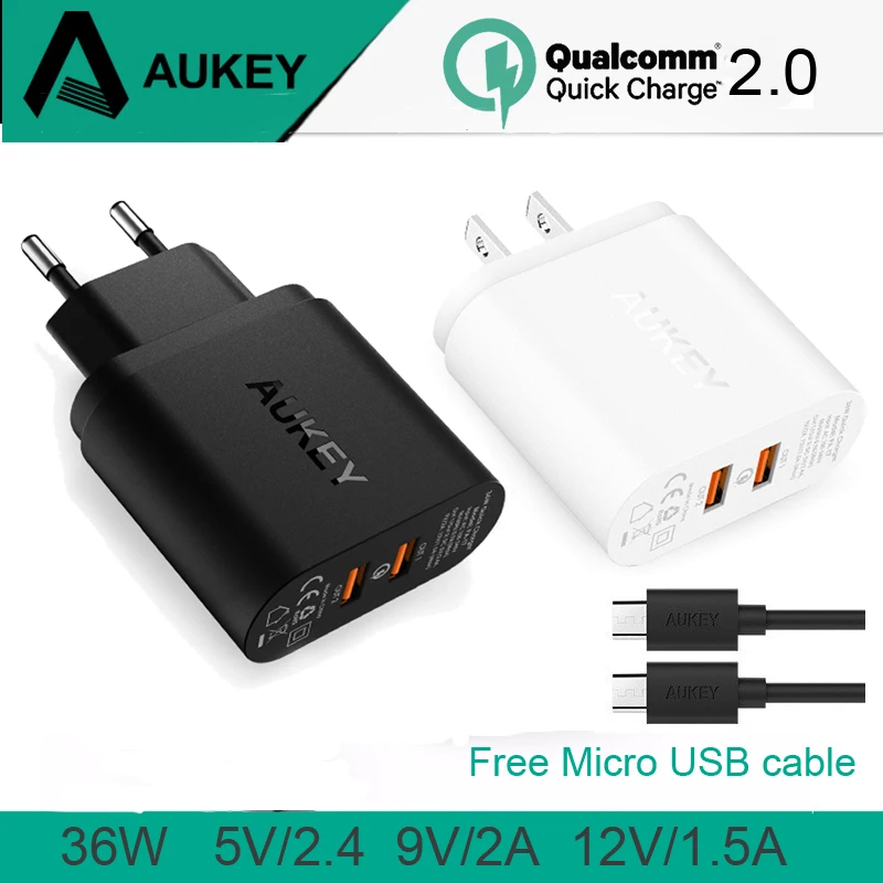 

Aukey 36W PA-T7 QC2.0 Dual USB Port Travel Wall Charger With Qualcomm Quick Charge 2.0 Fast Wall USB Charger