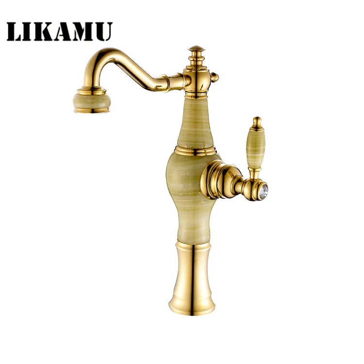 Free shipping Golden Jade Basin Faucets Brass Bathroom Faucet Up Basin Mixer Tap