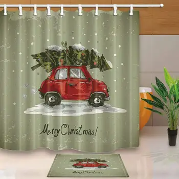 

A Red Car with Christmas Trees Shower Curtain and Mat Set,Cuddly Waterproof Fabric Decor Merry Christmas Snow Bathroom Curtain