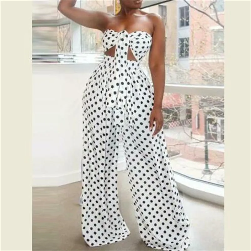 

Boho New Sexy Women Two Piece Set Crop Top Long Pant Dot Leopard Print Strapless Bandage Ruffles High Waist Casual Suit Sunsuit