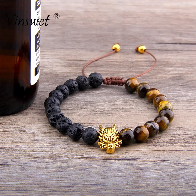 

Tiger Eye Volcano Lava Stone Bracelet Men Fashion Dragon Head Bracelets for Women Braided Rope Bracelets Adjustable Jewelry