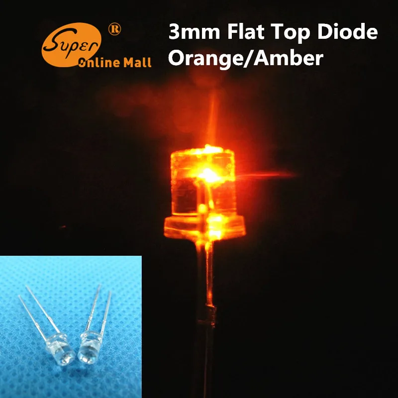 3mm Orange Flat Top LED Wide Angle Lamp Bright Leds Light Long Pins 100pcs