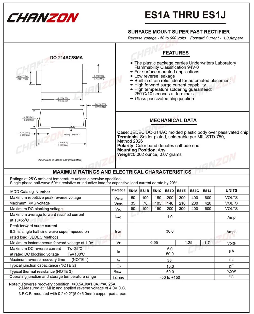 (100 шт.) ES1D SMD супер быстрое восстановление выпрямительного диода 1A 200 V 35ns SMA (DO 214AC) 1