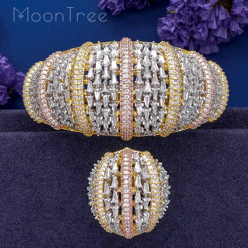 MoonTree модные роскошные супер 3 тон бум цветы AAA кубического циркония женские вечерние обручение ширина браслет и кольцо набор