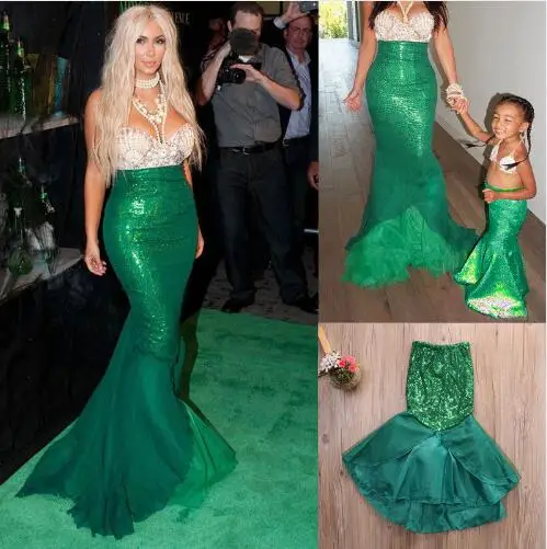 

Princess Ladies kids girl Halloween cosplay Costume Fancy Party Sequins Maxi Tail long green Skirt adult Little Mermaid Ariel