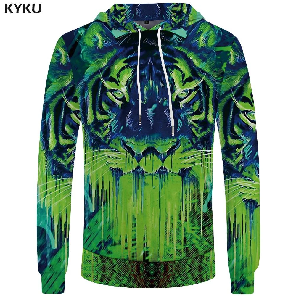 KYKU Tiger Hoodies Men Green Sweatshirts Animal 3d Hoodies Double Head ...