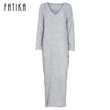 Fatika 2017 осень-зима Для женщин модные длинные Платья-свитеры Повседневное с длинным рукавом V Средства ухода за кожей шеи свободные трикотажные Платья для женщин