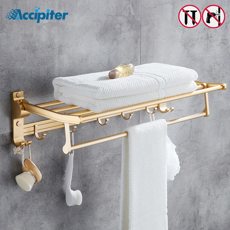 

Nail free Gold Silver Foldable Bath Towel Racks Active Bathroom Towel Holder Double Towel Shelf With Hooks Bathroom Accessories