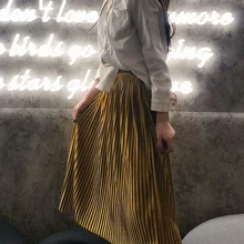 2 цвета, корейский стиль, повседневная плиссированная юбка до середины икры, винтажная однотонная бархатная Женская Повседневная универсальная плиссированная юбка