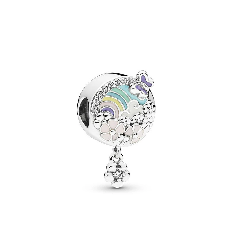 

5PCS HTevak Spring Enamel Rainbow Butterfly Story Bead Silver Flower Metal Charms Fit DIY Girl Pandora Bracelet Jewelry Making