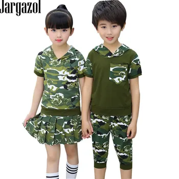 

Jargazol Kids Clothes Matching Outfits Brother Sister Best Friend Camouflage Uniform Short Sleeve Hoodies + Skirt/pants 2pcs/set