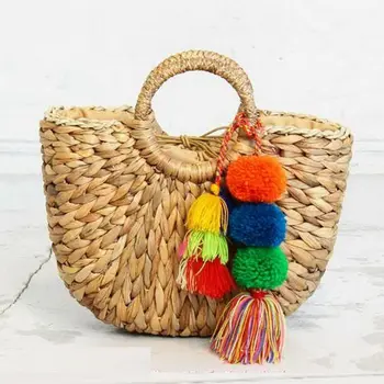 

FGGS Handmade Bag Women Pompon Beach Weaving Ladies Straw Bag Wrapped Beach Bag Moon shaped Bag