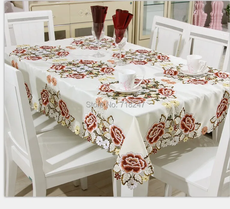  vezon European Elegant Satin Embroidery Floral Tablecloths Handmade Embroidered Peony Flower Table 