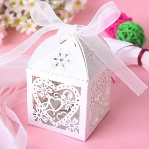 50pcs Love Heart Laser Cut Candy Gift Boxes with ribbon