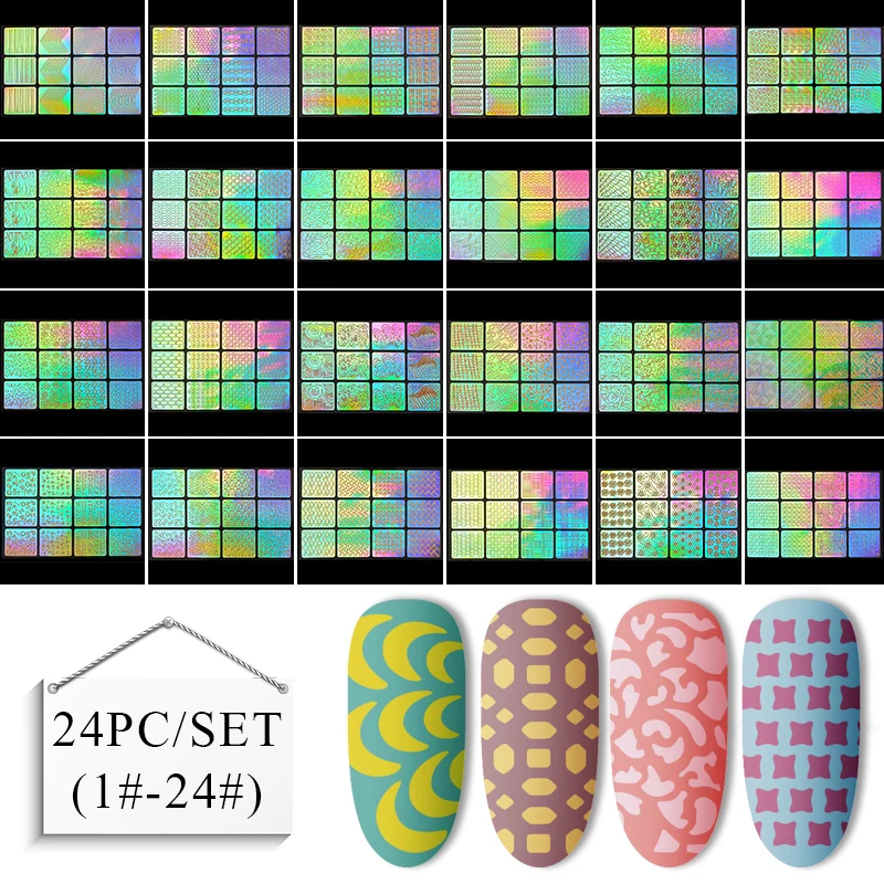 Лазерный дизайн ногтей, полый наклейки Винил для ногтей 3D изображение Руководство по переводу трафарет набор неправильный шаблон смешанные наклейки 24 дизайна - Цвет: W1388