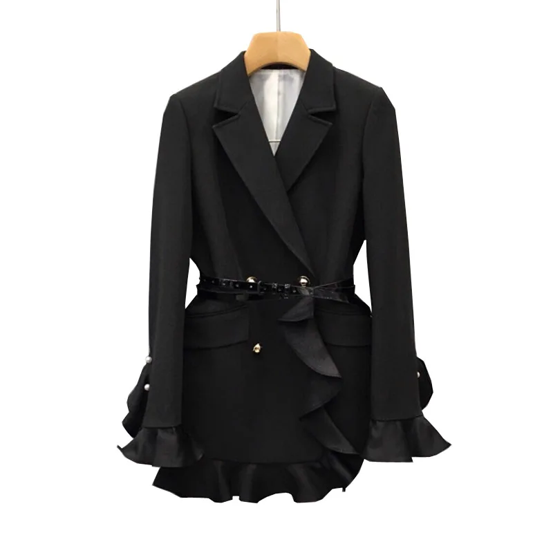2019 Spring Dress New Korean Version Fashion Lotus Leaf Side Bundle Waist Suit Double Row Buckle High-grade Suit Overcoat Woman