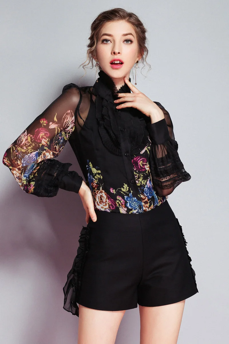 Леди Милан, Новое поступление, весенние женские рубашки с оборками и цветочным принтом, длинные рукава, элегантные модные дизайнерские шелковые рубашки и блузки