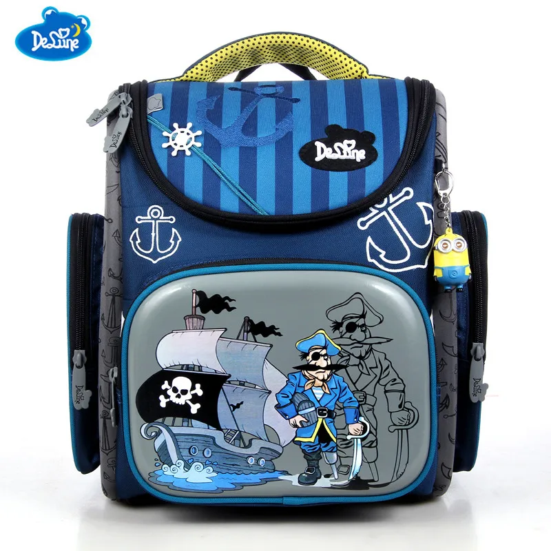 

Hot Sale Delune Kids Cartoon Boys School bags Children Burden Ease Orthopedic Anchor Pirate Ship Jeep Prints School Backpacks