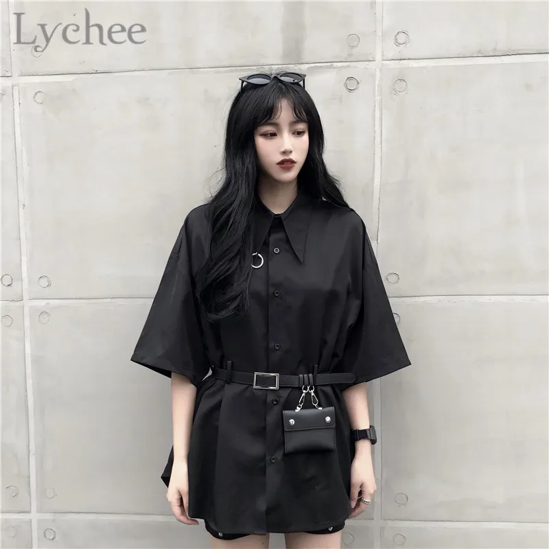  Lychee Gothic Dark Girl Ring Belt Blouse Women Shirt Turn Down Collar Short Sleeve Female Blouse Ca