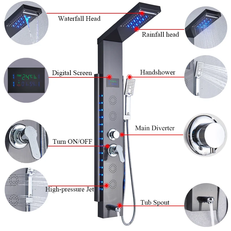 Черный/матовый нержавеющая сталь 5-function Водопад светодиодный дождь Душ панель ж/массажная система Ванна Носик ж/ручной душ душевая колонка