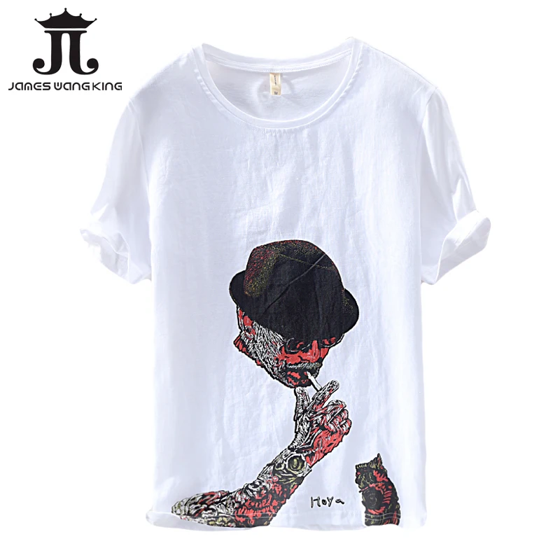 

New 2018 summer t shirt men linen cotton fashion Printed white tops&tee Breathable loose t shirt high quality Clothing 252