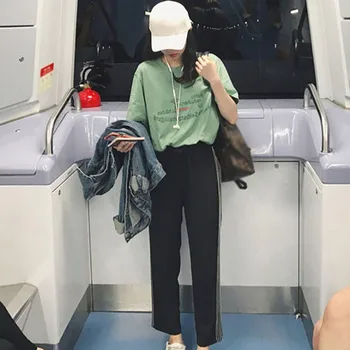 

Women Letter Print T-Shirt Loose Tops + Split Striped Wide Leg Pants Set Two-Piece Suits Fashion Ladies Suit E1
