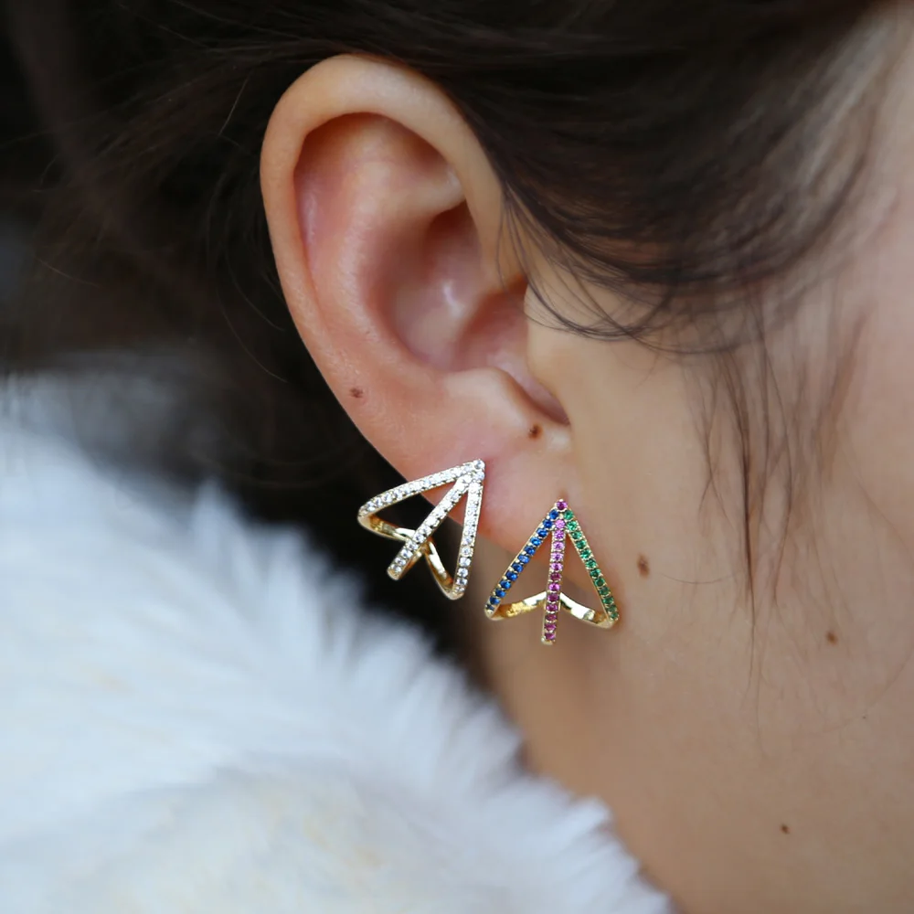 

2019 valentine's rainbow white cz paved hollow clasp shape stud earring gold color colorful cz jewelry for women wedding gift