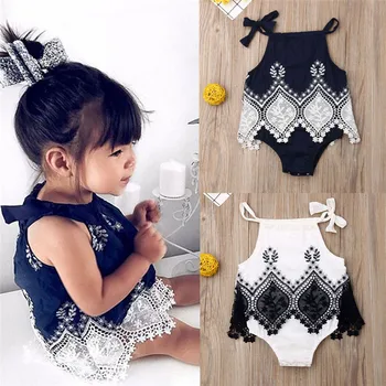 

2019 New Infant Newborn Baby Girls Clothes Off Shoulder Halter Lace-up Bodysuit Lace Cotton Jumpsuit Dress Summer Playsuit 0-18M
