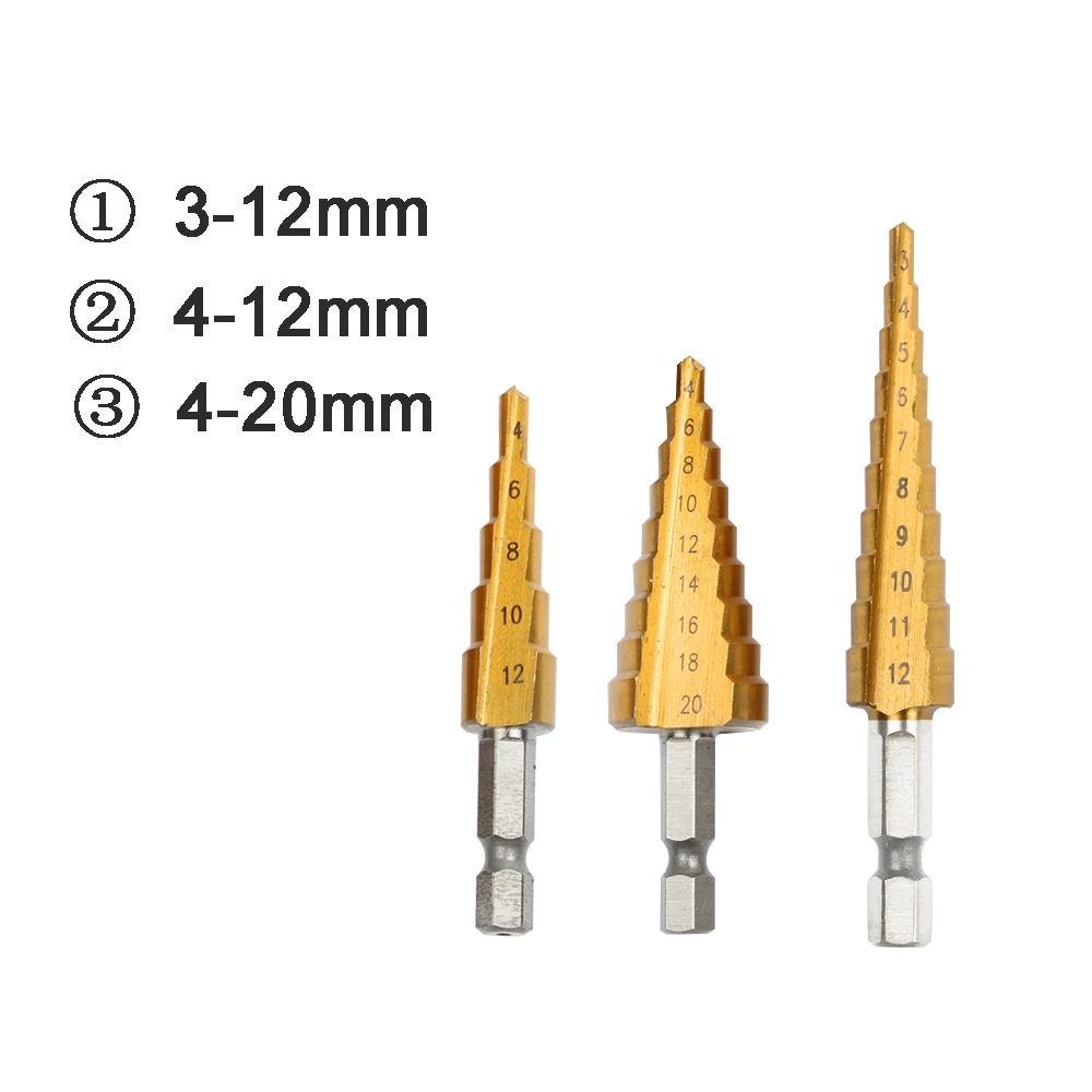 Шестигранное титановое ступенчатое конусное сверло, Дырокол 3-12 4-12 4-20 4-32 мм HSS 4241 для листового металла, стали, дерева, металла с чехлом - Цвет: 3-12 4-12 4-20