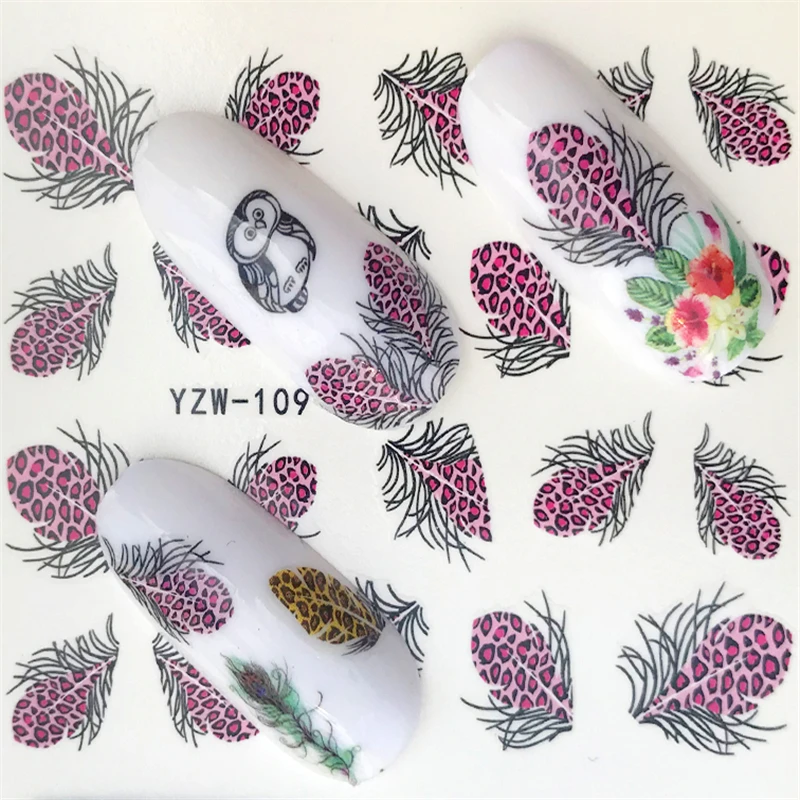 

FWC 1 Sheet Optional Different Colors Feather Fashionable Nail Art Decor Water Transfers Nail Sticker for Ladies Decals