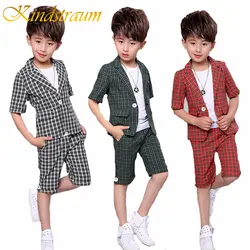 Kindstraum/2019 г., новые модные строгие костюмы для мальчиков, летний комплект из 2 предметов, детский клетчатый блейзер + штаны, комплект детской