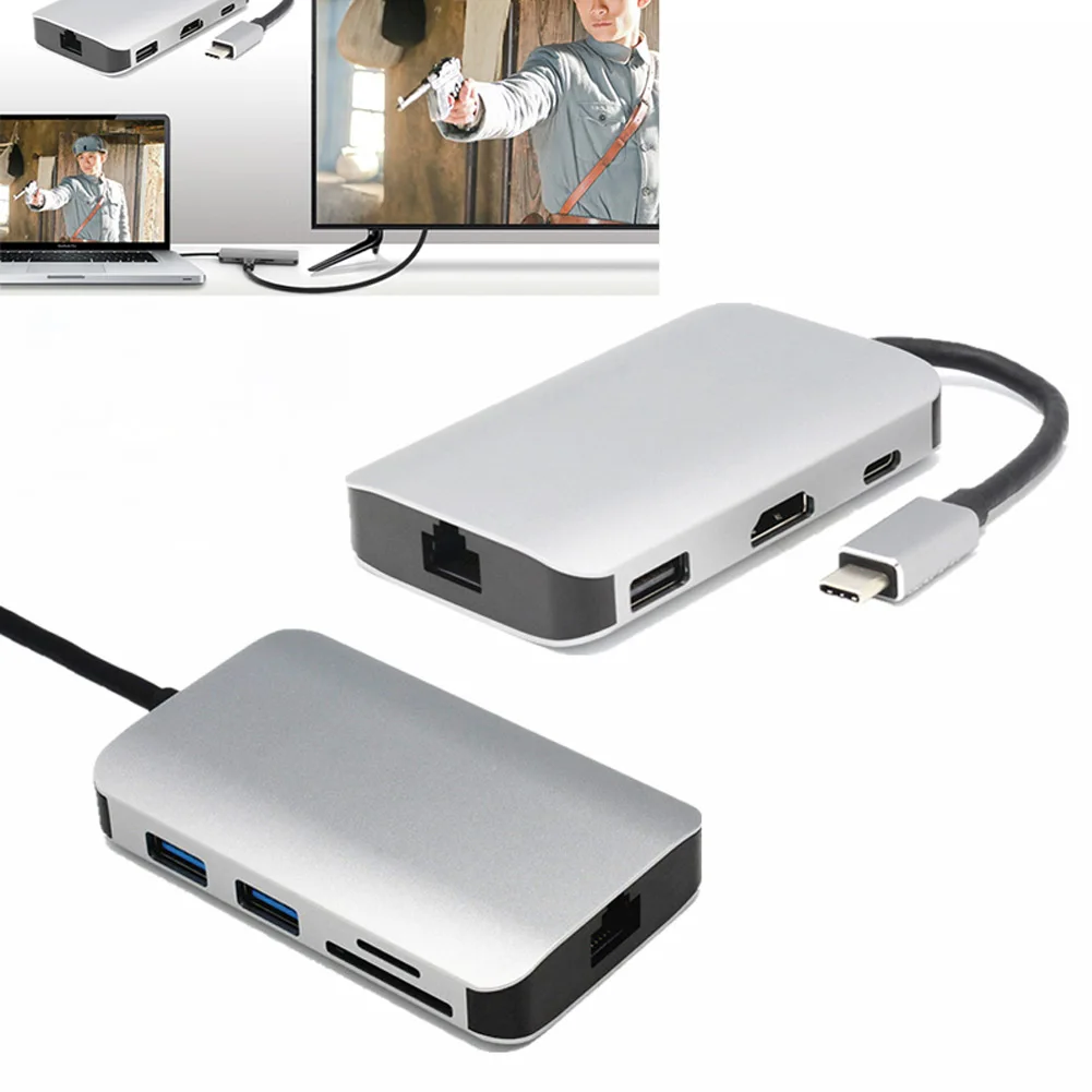 

8 In 1 USB 3.1 Type C Hub with 4K HDMI Video HD TF SD Card Reader Ethernet Type C Charging Hub XXM8