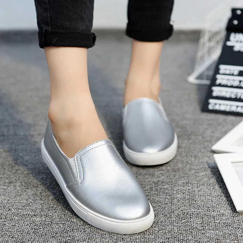 

Autumn Women Leather Loafers Fashion Ballet Flats Sliver White Black Casual Shoes Woman Slip On Loafers Boat Shoes Moccasins