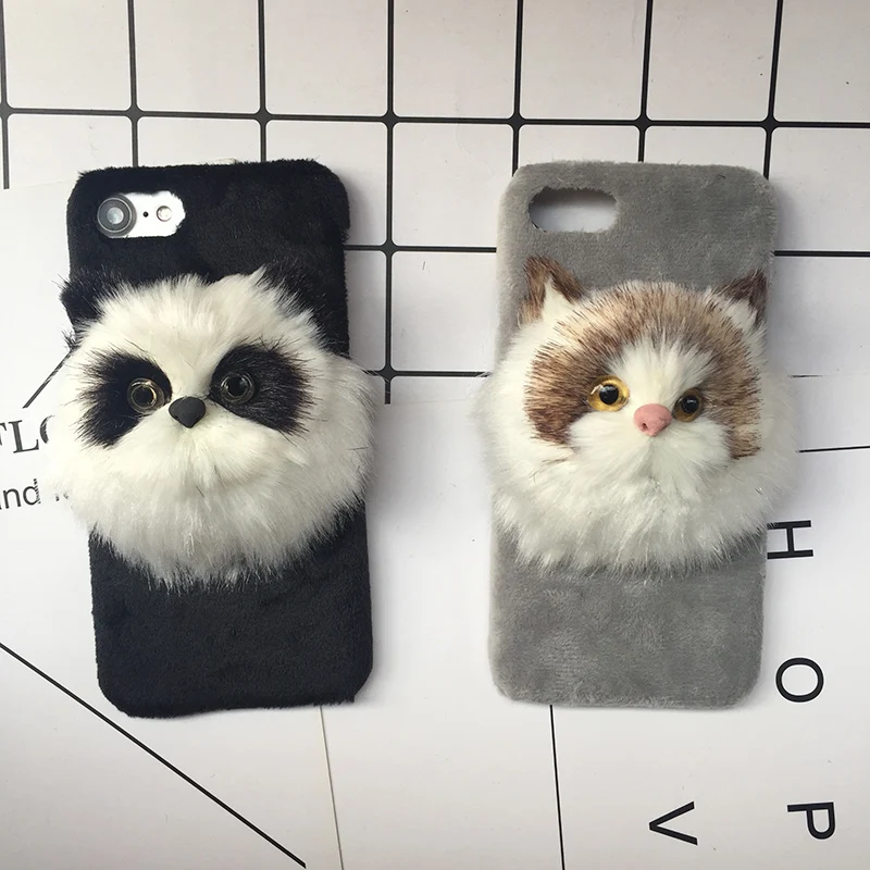 Cute DIY Cat Panda Furry Warm Cases For iphone 6 6S Plus 7 7Plus 8Plus Hard PC Plush Hair Fur Back Cover For iPhone X Shell New  (2)
